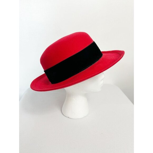 Vibes Women's Velvet Ribbon Trim Wool Hat in Red / Black - Sz S - Picture 5 of 10